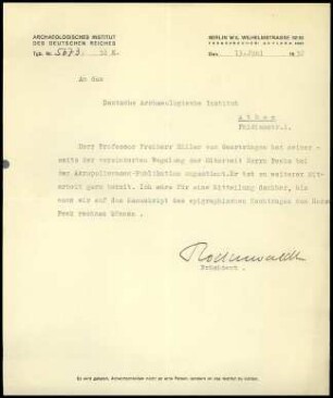 G. Rodenwaldt an DAI Athen