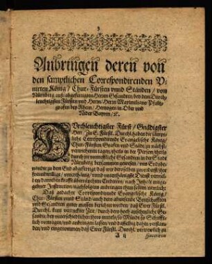 3-12, Anbringen deren von den samptlichen Correspondirenden Unirten König Chur-Fürsten und Ständen...