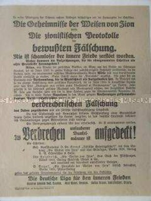 Antisemitisches Flugblatt der "Deutschen Liga für den inneren Frieden" mit Ausführungen zur angeblichen Fälschung jüdischer Schriften