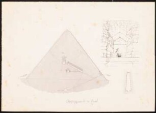 Cheops-Pyramide, Gizeh: wie Inv.Nr. 44837,1: Querschnitt mit roter Einzeichnung der Konstruktion des unteren Grabgemachs, perspektivische Ansicht Türsturz, Gangquerschnitt