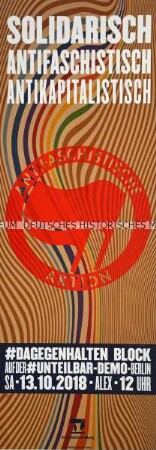 Plakataufruf der Interventionistischen Linken zu einer Demonstration für Grund- und Freiheitsrechte und gesellschaftlichen Zusammenhalt, gegen Rechtsextremismus und Rassismus.