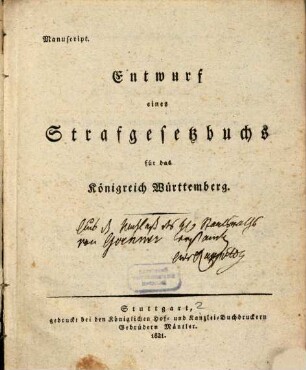 Entwurf eines Strafgesetzbuches für das Königreich Würtemberg