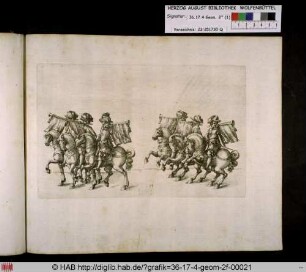 Sechs Reiter mit Trompeten.
