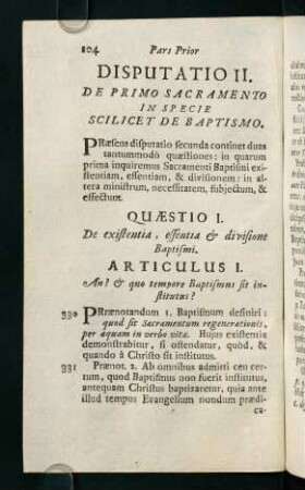 104-134, Disputatio II. De primo sacramento in specie scilicet de baptismo