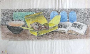 Stilleben mit Schale, Muschel und Buch