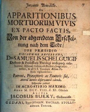 De apparitionibus mortuorum vivis ex pacto factis, von der abgeredeten Erscheinung nach dem Tode