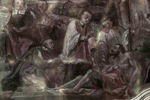 Die Wüten der Pest in Innsbruck im Jahre 1611; Pater Melchior Köstlan und der Arzt Paulus Weinhart betreuen Kranke und Sterbende