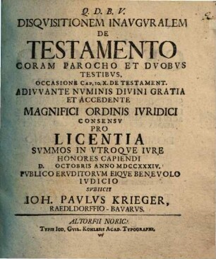 Disqvisitionem inavgvralem de testamento coram parocho et dvobvs testibvs