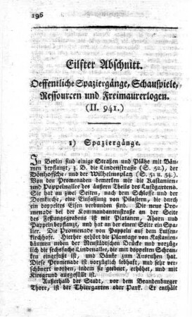Eilfter Abschnitt. Oeffentliche Spaziergänge, Schauspiele, Ressourcen und Freimaurerlogen