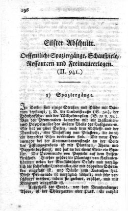 Eilfter Abschnitt. Oeffentliche Spaziergänge, Schauspiele, Ressourcen und Freimaurerlogen