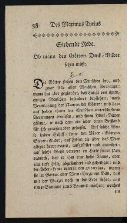 Siebende Rede. Ob mann den Göttern Denk-Bilder setzen müße