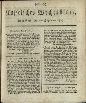 No. 97, Sonnabend, den 4ten Dezember 1813