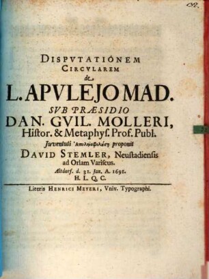 Dispvtationem Circvlarem de L. Apvlejo Mad.