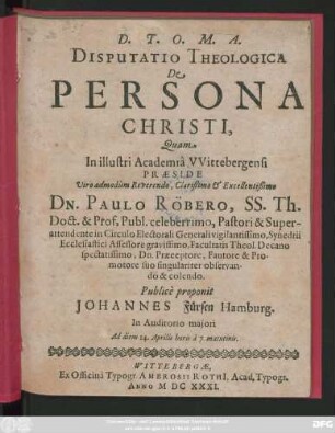 Disputatio Theologica De Persona Christi