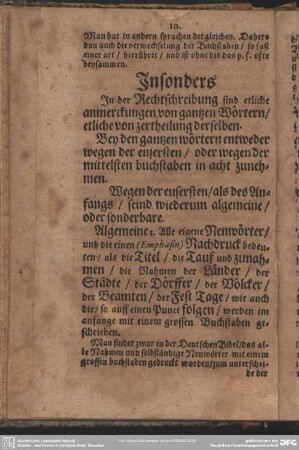 Insonders In der Rechtschreibung sind etliche anmerckungen von gantzen Wörtern, etliche von zertheilung derselben