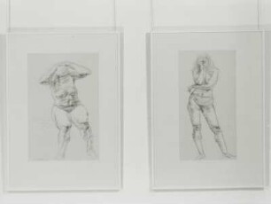 Stehender weiblicher Akt, frontal : Zwei Zeichnungen: Sitzender weiblicher Akt, Stehender weiblicher Akt, frontal in der Ausstellung: Christian Höpfner - Plastiken und Zeichnungen. Preisträger des 7. Ernst-Rietschel-Kunstpreises für Bildhauerei, 2003