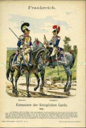 Uniformdarstellung, Gemeiner und Trompeter des Kürassier-Regiments der Königlichen Garde, Frankreich, 1816.