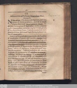 III. Admonitio ad Pastores Diaeceseos Martisburgensis.