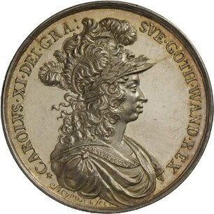 Medaille von Anton Meybusch auf die Siege König Karls XI. von Schweden über die Dänen bei Halmstad, Lund und Landskrona, 1677