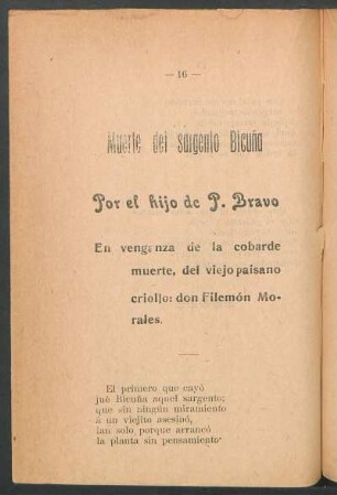 Muerte del sargento Bicuña : Por el hijo de P. Bravo. En verganza de la cobarde muerte, del viejo paisano criollo: don Filemón Morales.