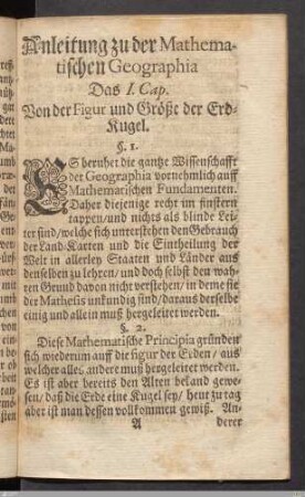 Das I. Cap. Von der Figur und Größe der Erd-Kugel
