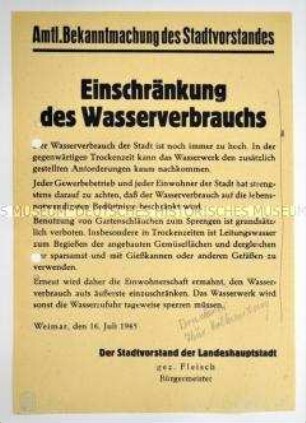 Amtliche Bekanntmachung des Stadtvorstandes von Weimar zur Einschränkung des Wasserverbrauchs