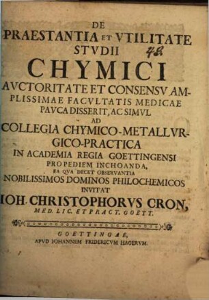 De praestantia et utilitate studii chymici : [Programma]