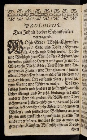 1v-3r, Prologus. Den Inhalt beeder Schauspielen vortragend