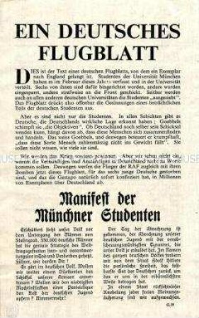 Abwurf-Flugblatt der Alliierten mit dem Text des "Manifestes der Münchner Studenten" (Widerstandsgruppe Geschwister Scholl)