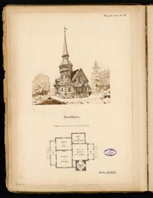 Pirschhaus Monatskonkurrenz November 1890: Grundriss Erdgeschoss, perspektivische Ansicht; Maßstabsleiste