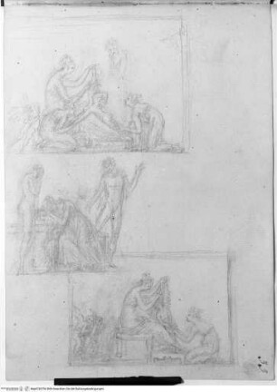 Skizzenbuch, Oben und unten: Nymphen beschneiden die Flügel Amors; Mitte: Gruppe mit Klagenden