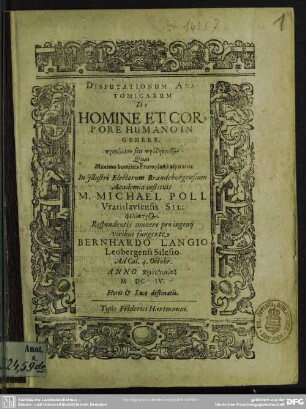 Disputationum anatomicarum de homine et corpore humano in genere ...