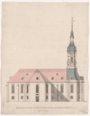 Großenhain, Marienkirche, Südfassade, Aufriss mit Turmentwurf