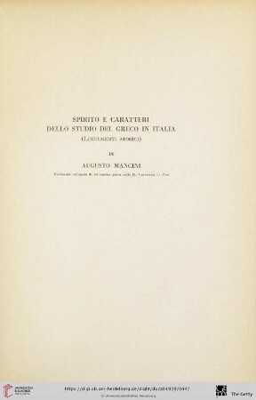 Augusto Mancini: Spirito e caratteri dello studio del greco in Italia (lineamenti storici)