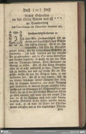 Erstes Schreiben an den Herrn Baron von G*** zur Beantwortung des Catechisme de l'honnete-homme etc.