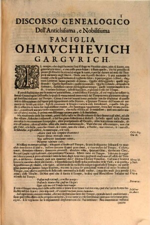 Breve discorso genealogico della Famiglia Ohmuchievich Gargurich, esposto nel teatro del mondo quasi in scena