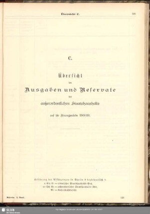 C. Übersicht der Ausgaben und Reservate des außerordentlcihen Staatshaushalts auf die Finanzperiode 1908/09