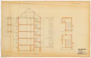 Wohnhausbebauung Mannheimer Straße, Berlin-Wilmersdorf: Wohnhaus Typ 5, Eckhaus: Schnitt, Schnitt Loggia, Ansicht Treppenhaus, 2 Grundrisse Treppenhaus 1:50