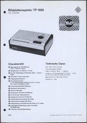 Datenblatt: Bildplattenspieler TP 1005 : E-Nr. 320 053 700