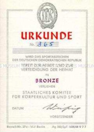 Vordruck einer Urkunde zum Sportabzeichen "Bereit zur Arbeit und zur Verteidigung der Heimat" in Bronze