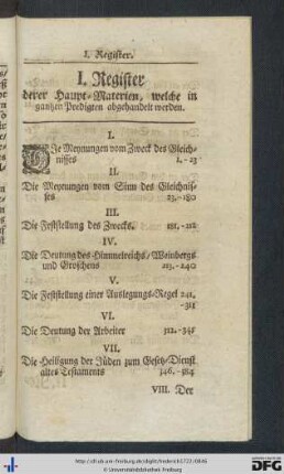 I. Register derer Haupt-Materien, welche in gantzen Predigten abgehandelt werden.