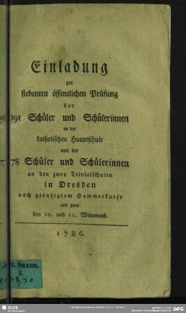 7.1786: Einladung zur öffentlichen Prüfung : welche am ... in der hiesigen Katholischen Hauptschule abgehalten werden soll