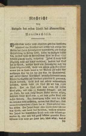 Nachricht bey Ausgabe des ersten Theils des ökonomischen Briefwechsels