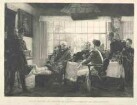Fürst, Gebhard Leberecht Blücher von Wahlstatt, Generalfeldmarschall, sitzend in Uniform mit Orden pour le mérite in Offizierskreis an einem Tisch, empfängt bei Genappes die erbeuteten Orden als auch Hut und Degen Napoleons