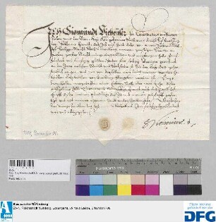 Dr. Sigmundt Vieheuser zu Lautterbach, kaiserlicher Geheimer Rat und Reichshofvizekanzler, stellt der Stadt Nürnberg Quittung aus über 550 fl. Stadtsteuer.
