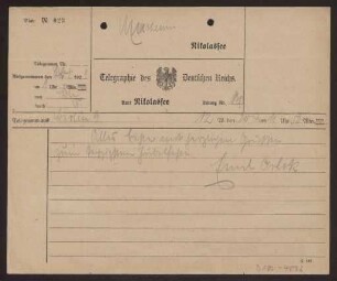 Schreiben an Hermann Muthesius (Telegramm)