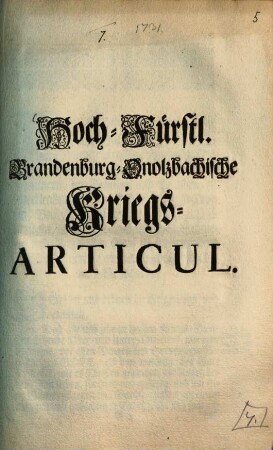 Hoch-Fürstl. Brandenburg-Onolzbachische Kriegs-Articul