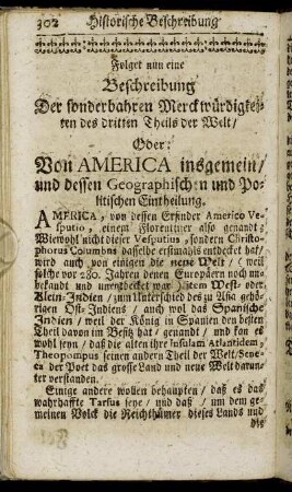 Oder: Von America insgemein/ und dessen Geographischen und Politischen Eintheilung.