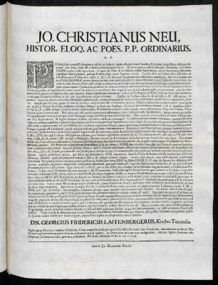 Jo. Christianus Neu, Histor. Eloq. Ac Poes. P. P. Ordinarius. L. S.
