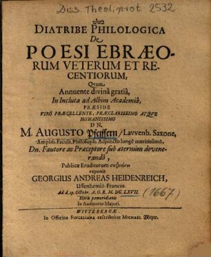 Diatribe Philologica De Poesi Ebraeorum Veterum Et Recentiorum